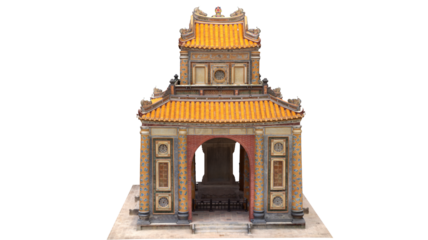 asian square temple with yellow roof and red walls