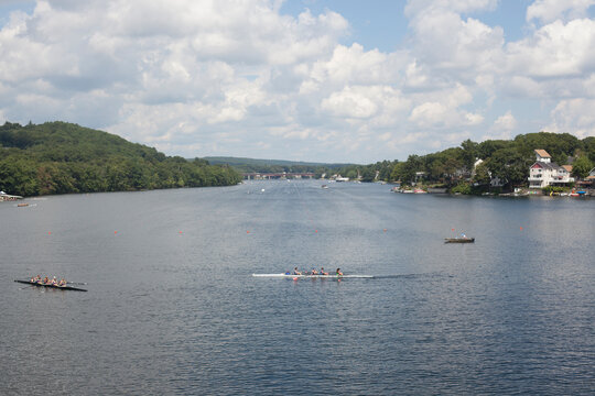 Crew boats turning in regatta on river, Worcester, Massachusetts, USA