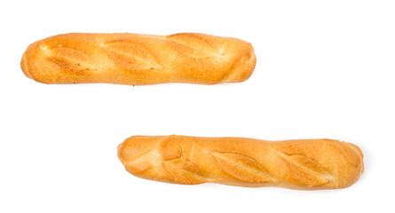 two French mini baguettes close-up on a white background top view