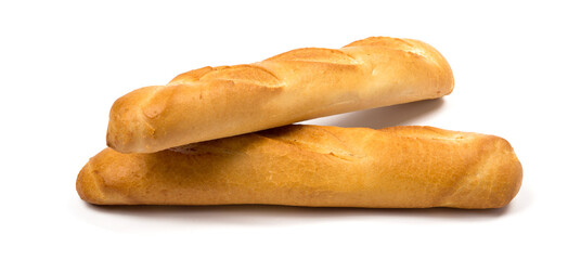 two French mini baguettes close-up on a white background