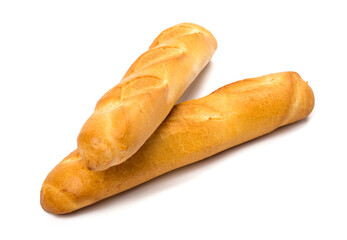two French mini baguettes close-up on a white background