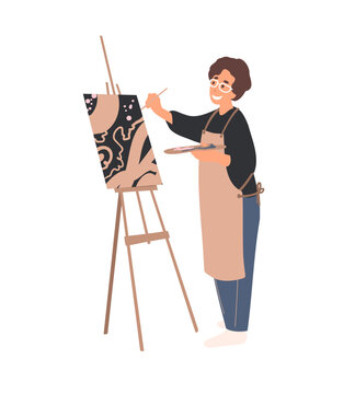 Woman, artist in overalls stands near the easel, cartoon flat vector illustration. Hobby, painting, art studio, art classes, workshop concept. Professional painter