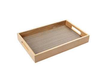 breakfast tray made of natural brown wood close-up on a white background