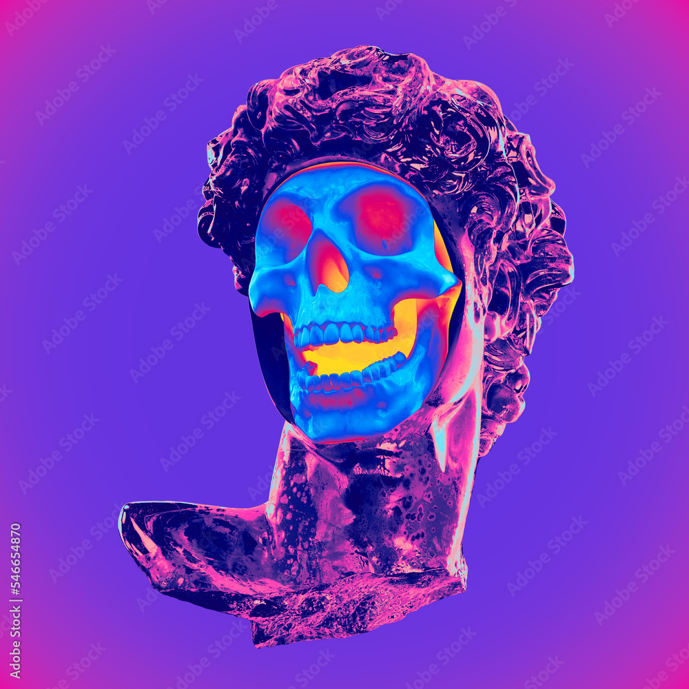 Fototapete Abstract digital illustration from 3D rendering of a classical iridescent distressed metal head bust with missing face unveiling a laughing skull inside and isolated on background in vaporwave style.