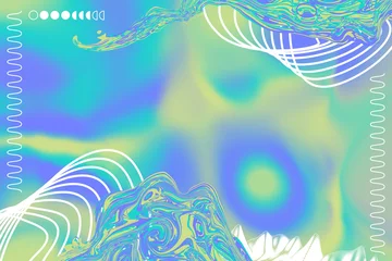 Abstract turquoise, green and blue blank poster. Pastel neon wallpaper. Modern gradient, digital fluid art and white y2k geometric shapes © Julia Klintsova