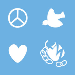 Peace, love, freedom, human rights symbols vector illustration. Hand drawn pacific, heart, bird and broken padlock. White silhouettes isolated on blue background. Flat style