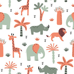 Seamless safari pattern with cute animals - elephant, rhino, giraffe and lion. Vector Africa illustration for kids