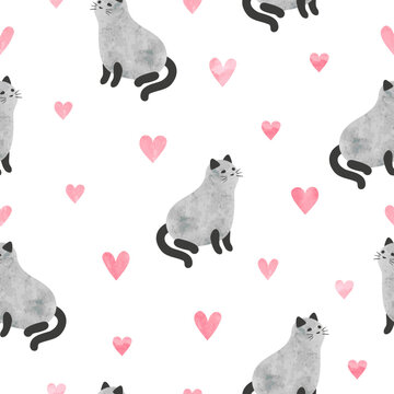 Cute cat pattern with hearts. Vector seamless kittens illustration