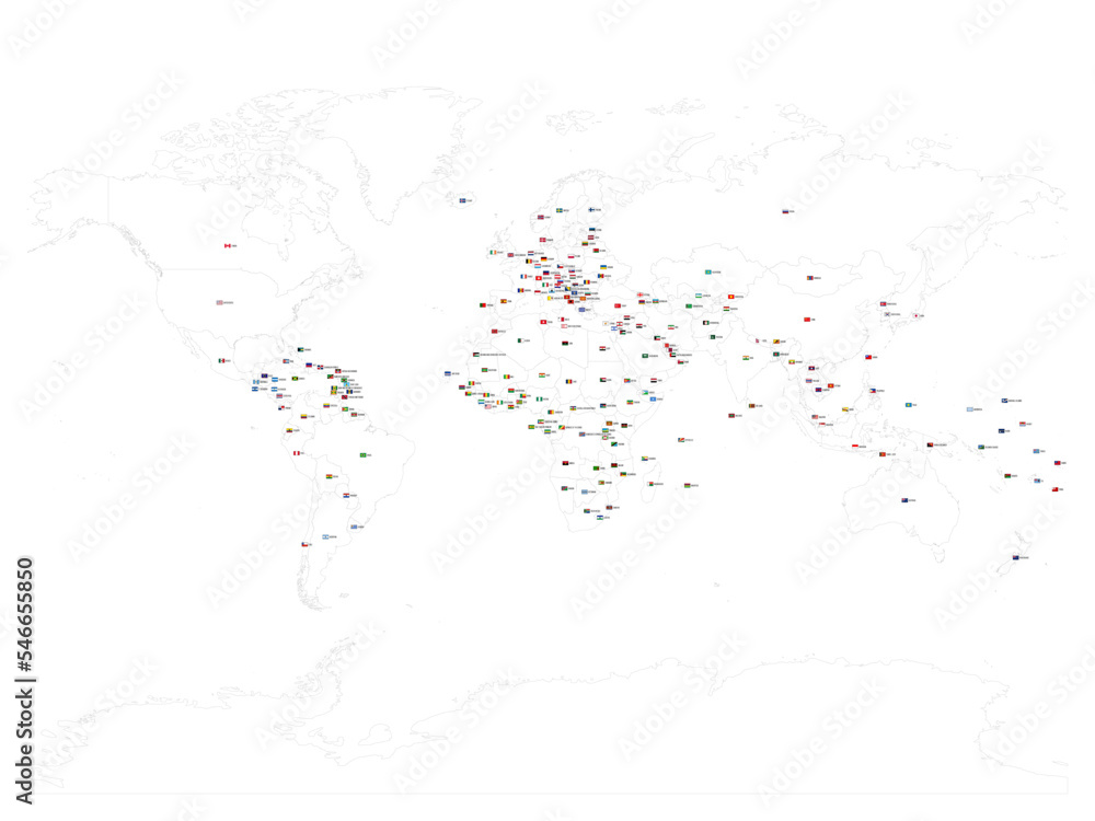 Poster map of world with flags. each sovereign country with own name label and national flag in uniform rat