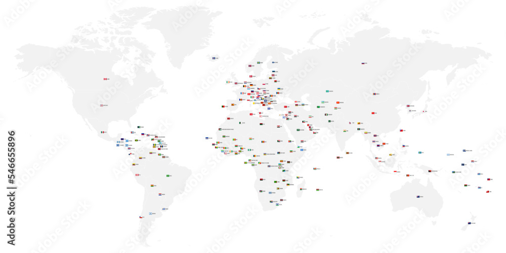 Poster map of world with flags. each sovereign country with own name label and national flag in uniform rat
