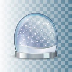 Snow globe with falling snowflakes. Realistic transparent glass sphere
