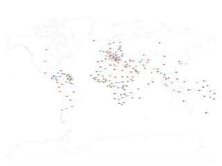 Map of World with flags. Each sovereign country with own name label and national flag in uniform ratio. Vector map with thin black outline borders.