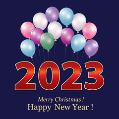 Happy New Year 2023. Festive greeting card with colorful flying balloons on blue background. Vector illustration