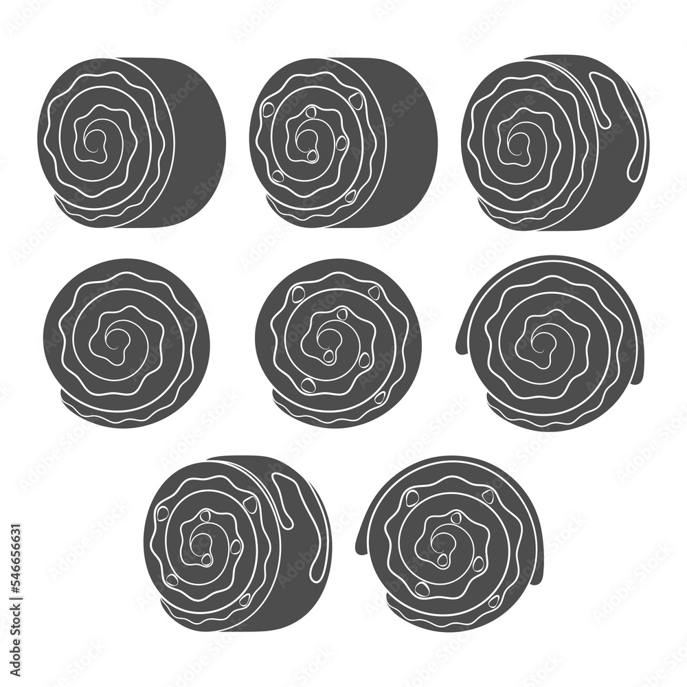 Poster set of black and white illustrations with a cake roll. isolated vector objects on a white background
