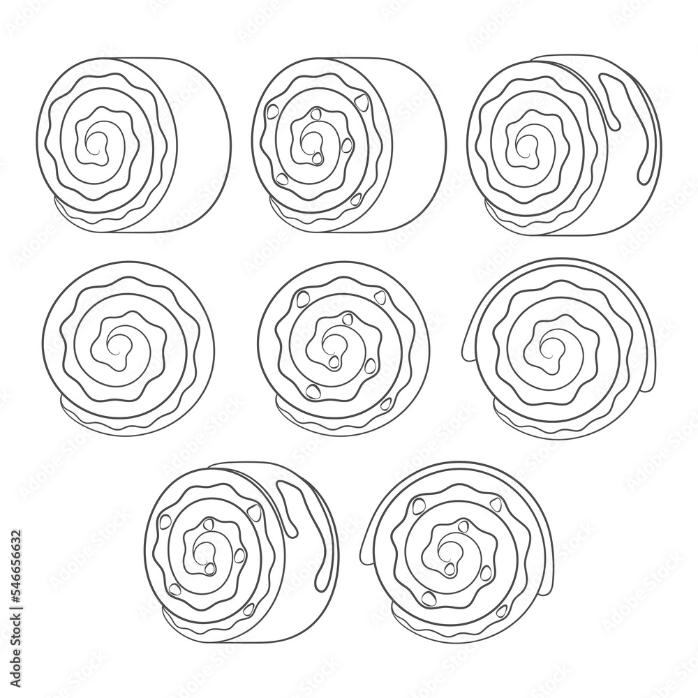Poster set of black and white illustrations with a cake roll. isolated vector objects on a white background
