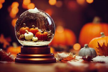 Autumn-themed snow globe with mini pumpkins and fall decorations, surrounded by real pumpkins in a warm seasonal setting