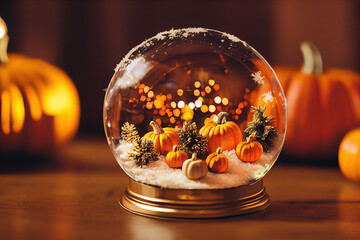 Autumn-themed snow globe with mini pumpkins and fall decorations, surrounded by real pumpkins in a warm seasonal setting