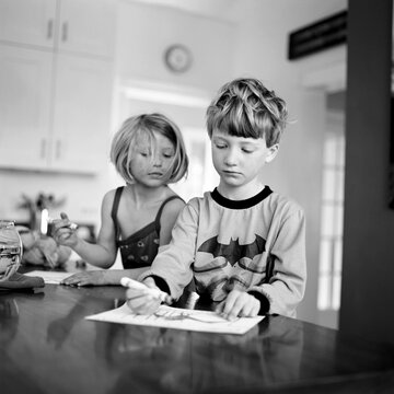 bother and sister in pajamas drawing