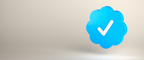 Blue checkmark above background. Authenticated accounts concept. Web banner format