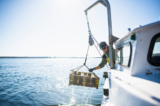 Pulling pots for conch shellfishing on Narragansett Bay