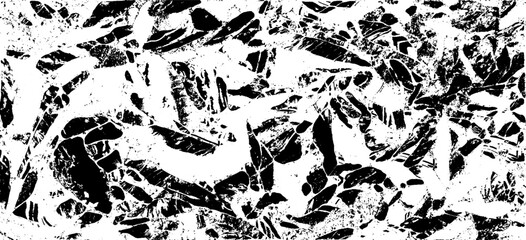 Monochrome texture composed of irregular graphic elements. Distressed uneven grunge background. Abstract vector illustration. Overlay for interesting effect and depth. Isolated on white background.