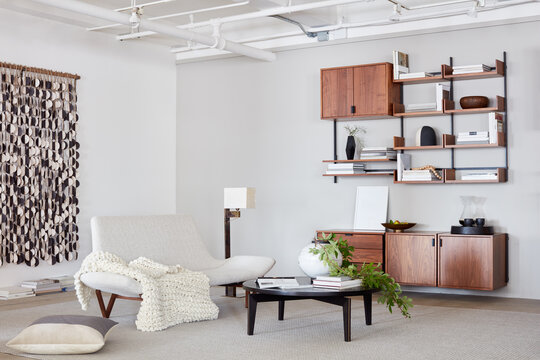 Modern, clean livingroom loft space with bespoke furnishings