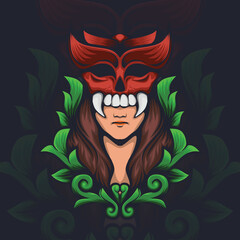 illustration of a women with a demon mask and leaf ornaments