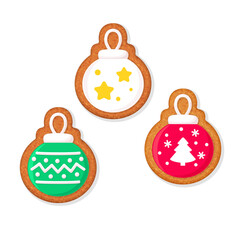 Bauble shaped Christmas gingerbread cookies with colorful icing decoration. Vector illustration