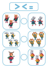 Christmas Activity page, sheet for kids. Arithmetic task for comparing numbers. A game for teaching a child. Exercise with a drawing of winter animals. The lesson of counting more, less, equal