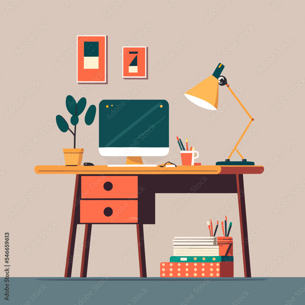 Poster vector illustration of a modern working computer desk