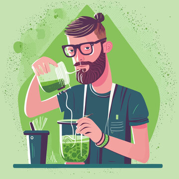 Vector Illustration Of A Hipster Making A Green Smoothie