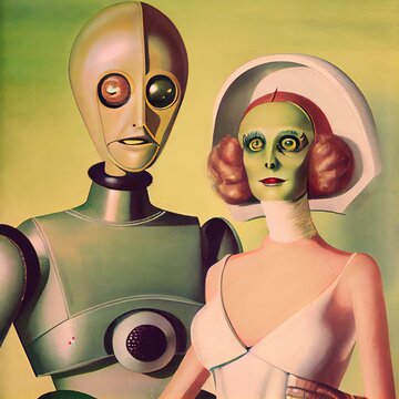 Illustration of an alien android family generated with Artificial Intelligence