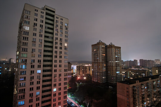 Residential buildings without electricity. Kyiv, Ukraine.