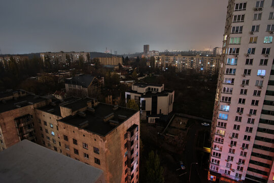 Residential buildings without electricity. Kyiv, Ukraine.