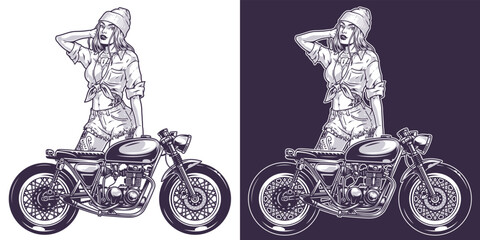 Motorcycle driver girl sticker monochrome