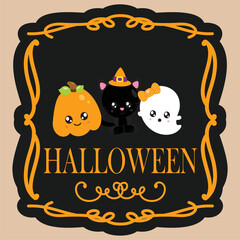 STICKER HALLOWEEN PUMPKIN BLACK CAT AND GHOST BABY CARTOON INVITATION - ILLUSTRATION VECTOR ART COLORFUL