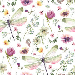 Seamless pattern with delicate flowers, plants and dragonflies. watercolor illustration.