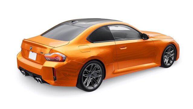 Berlin. Germany. November 16, 2022. BMW M2 Coupe G87 2023. Orange Lightweight Sports Coupe for City, Highway and Sports Track. 3d illustration.
