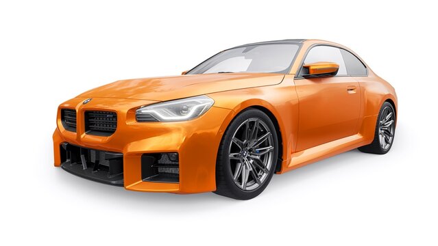Berlin. Germany. November 16, 2022. BMW M2 Coupe G87 2023. Orange Lightweight Sports Coupe for City, Highway and Sports Track. 3d illustration.
