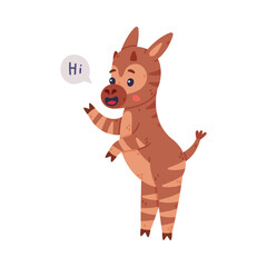 Cute baby okapi saying Hi. Funny wild African animal character waving his hoof cartoon vector illustration