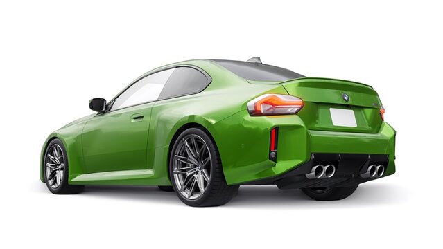 Berlin. Germany. November 16, 2022. BMW M2 Coupe G87 2023. Green Lightweight Sports Coupe for City, Highway and Sports Track. 3d illustration.
