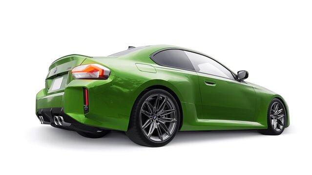 Berlin. Germany. November 16, 2022. BMW M2 Coupe G87 2023. Green Lightweight Sports Coupe for City, Highway and Sports Track. 3d illustration.
