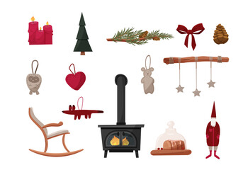 Set of Scandinavian Christmas elements, fireplace, rocking chair, Santa Claus, red bow, custom embroidered Christmas tree toys, fox, bear, owl made of felt , stollen pie, candles