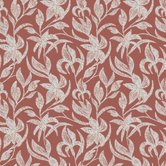 seamless graphic pattern with white flowers abstract lilies on a brown background.	