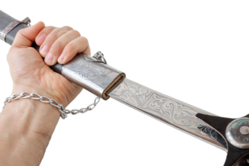 Cossack saber in hands, open from scabbard, close-up