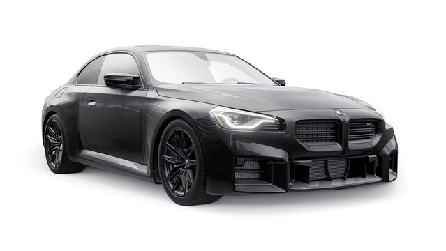 Berlin. Germany. November 16, 2022. BMW M2 Coupe G87 2023. Black Lightweight Sports Coupe for City, Highway and Sports Track. 3d illustration.