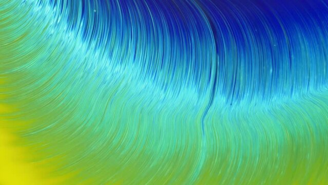 Movable yellow-blue background with an ornamental pattern. Current art. Moving background. Macro photography of the splash screen, transition, moving background. Fluid art of paint, ornamental abstrac