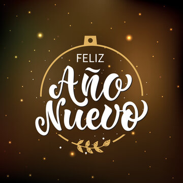 Feliz Anos Nuevo - Happy New Year in Spanish, handwritten text. Hand lettering on textured sparkling background. Vector illustration for poster, greeting card, invitation. Modern brush ink calligraphy