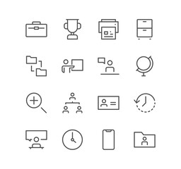 Set of business and communication icons, search, meeting, presentation, phone, time, and linear variety symbols.	
