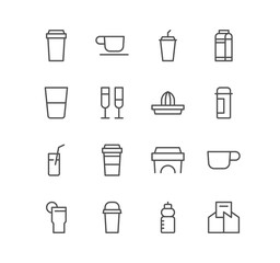 Set of drink and cup icons, cocktail, beverage, glass, coffee, alcohol, juice, tea and linear variety symbols.	
